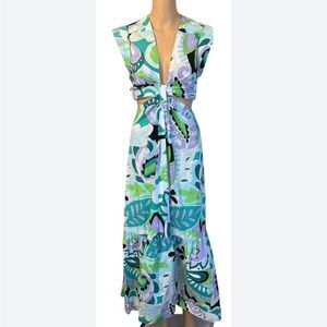 Steve Madden Amanda Retro Print Crop top Open Back Low Cut Maxi Dress